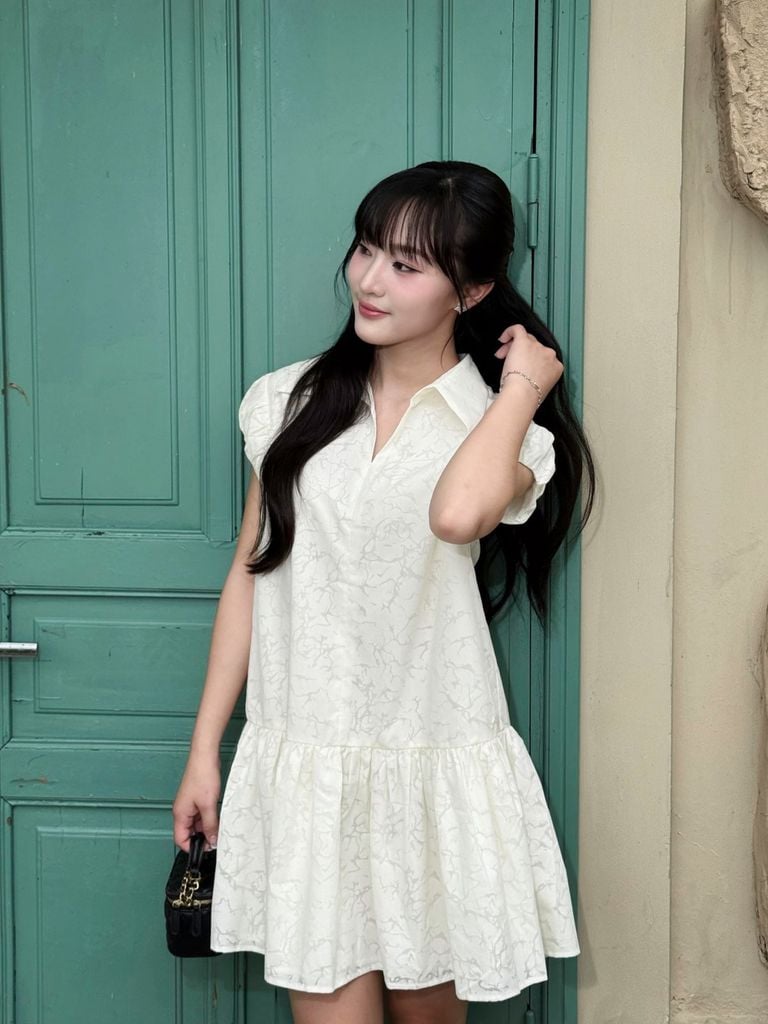 FDP33793 - tylekeo88 tv vải tơ dáng suông cổ bẻ thân váy phối vạt nhún tạo xoè - JAN.
