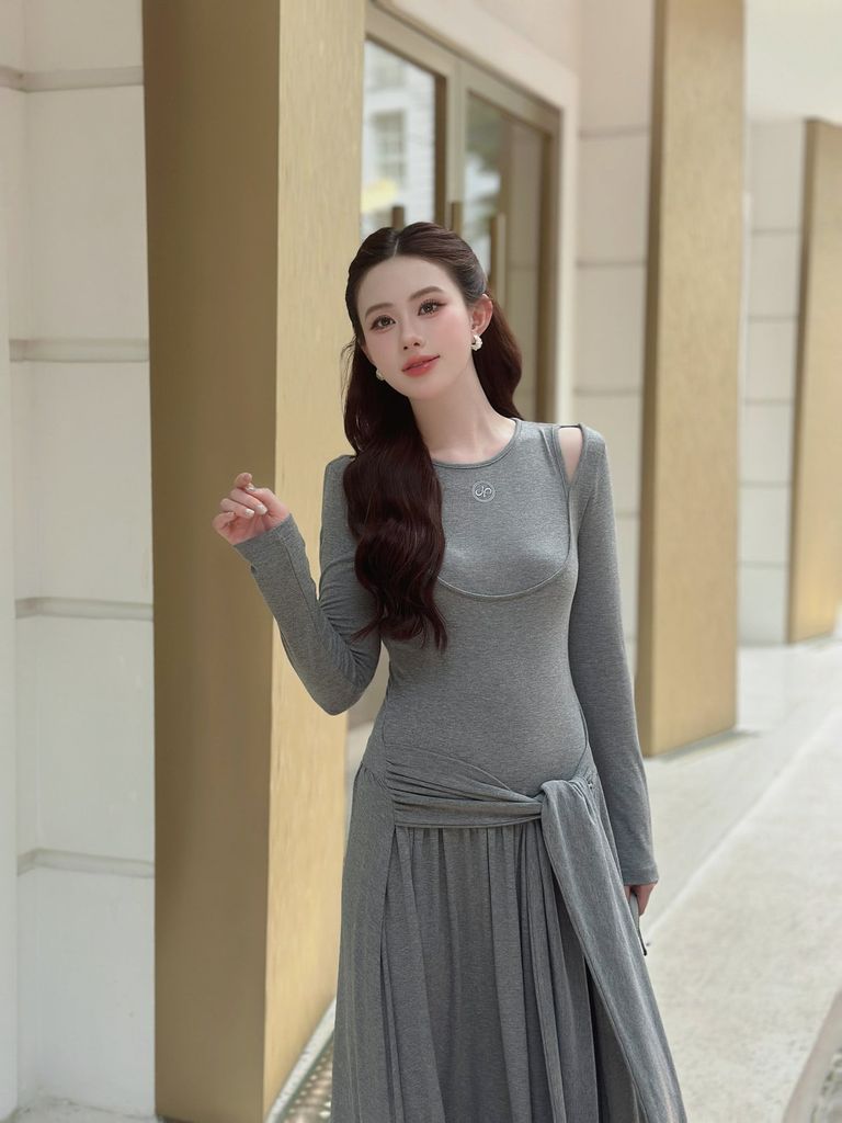 FDP73657 - Đầm dạo phố vải len co giãn dáng ôm cổ tròn tay dài eo váy phối vạt thắt tạo kiểu - JAN.