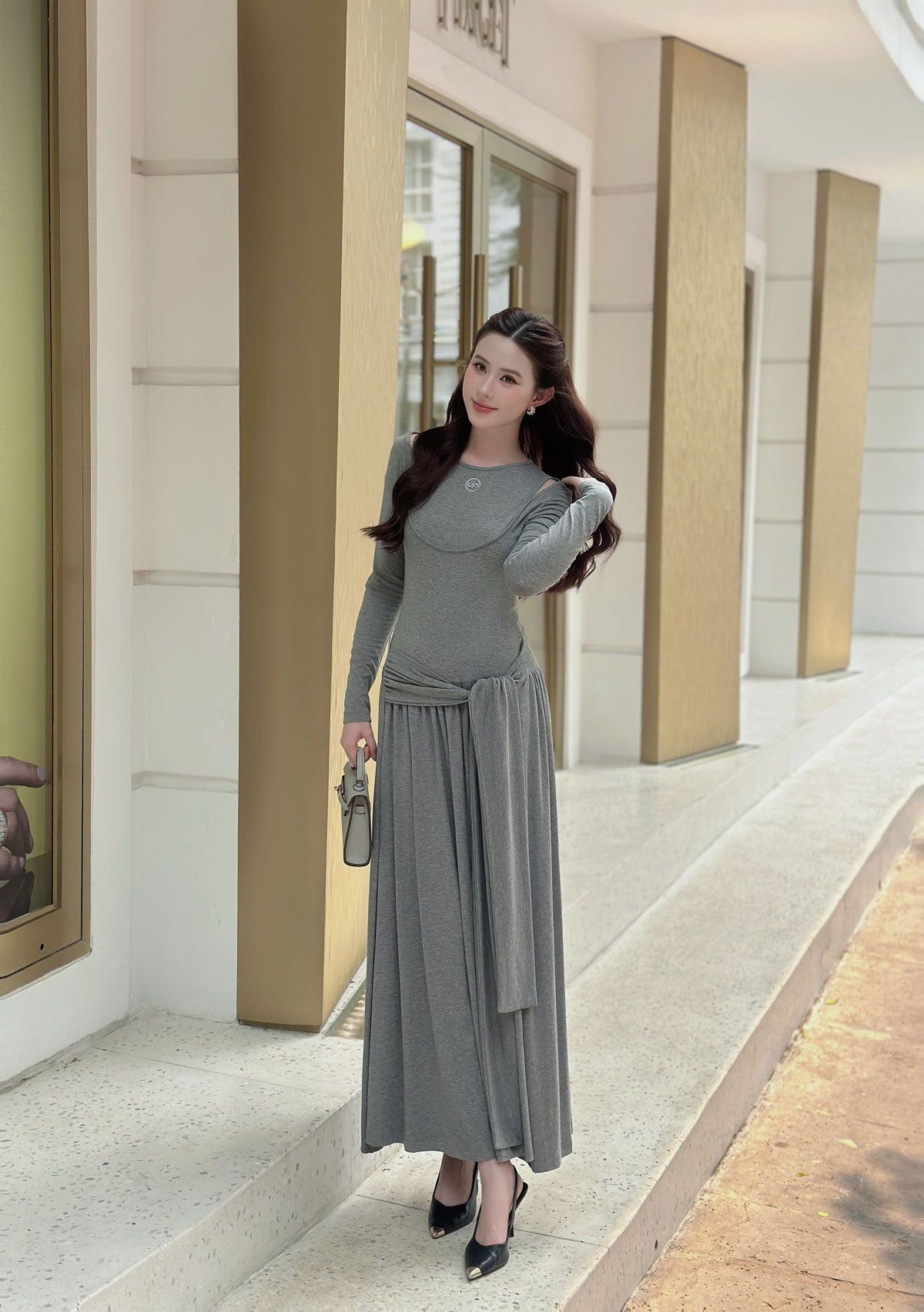 FDP73657 - Đầm dạo phố vải len co giãn dáng ôm cổ tròn tay dài eo váy phối vạt thắt tạo kiểu - JAN.