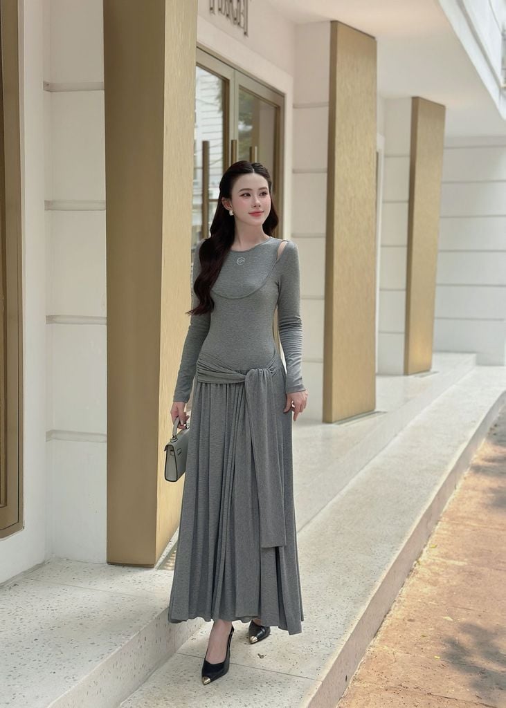 FDP73657 - Đầm dạo phố vải len co giãn dáng ôm cổ tròn tay dài eo váy phối vạt thắt tạo kiểu - JAN.
