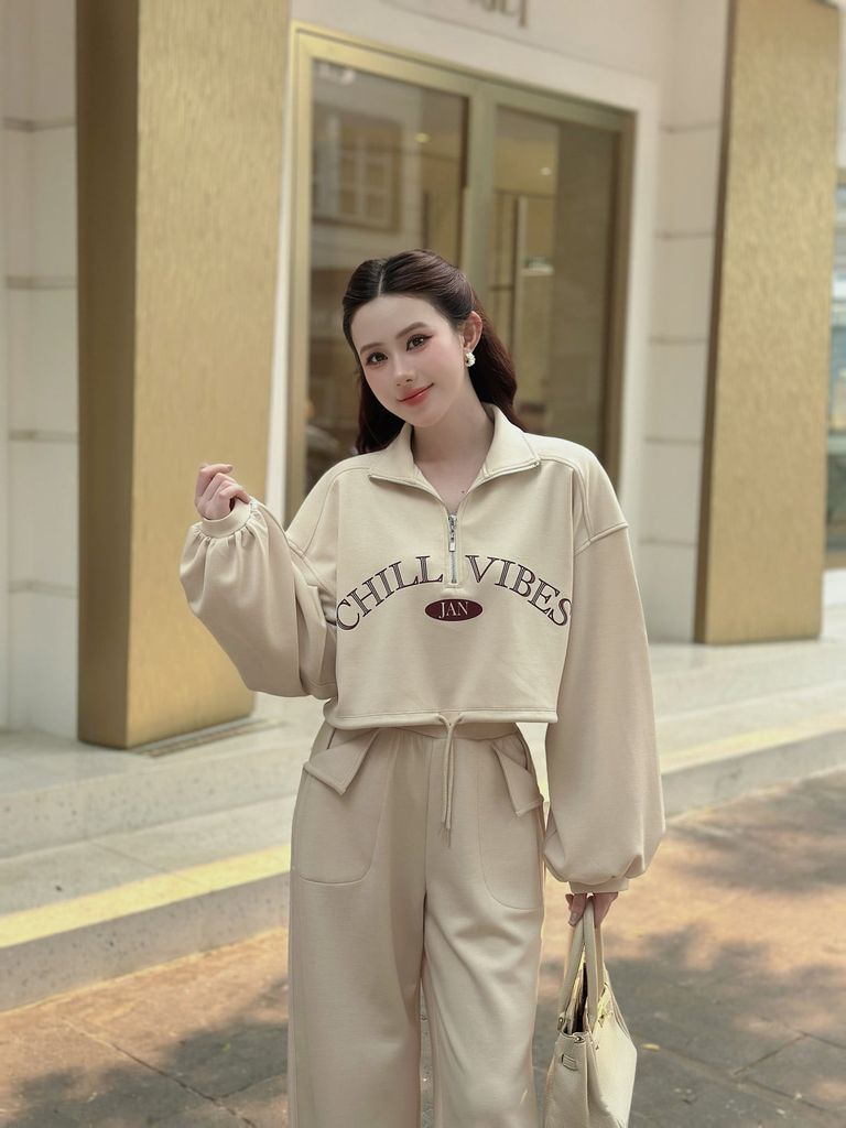 BAK93718 - Áo kiểu dạo phố vải thun cotton dáng croptop cổ bẻ phối khóa kim loại thân áo in hoạ tiết gấu bo chun ôm - JAN.