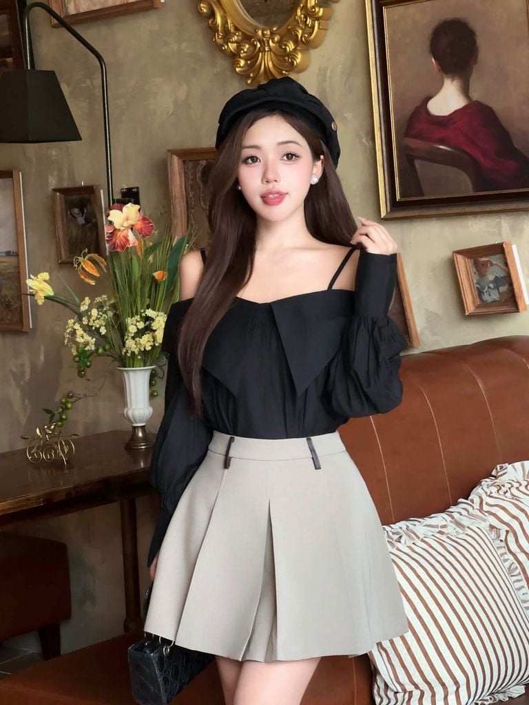 FJN5772 - Chân váy ngắn dạo phố vải thô đũi dáng chữ A thân váy xếp ly thời trang khoá thân sau ( có lót ) - JAN.