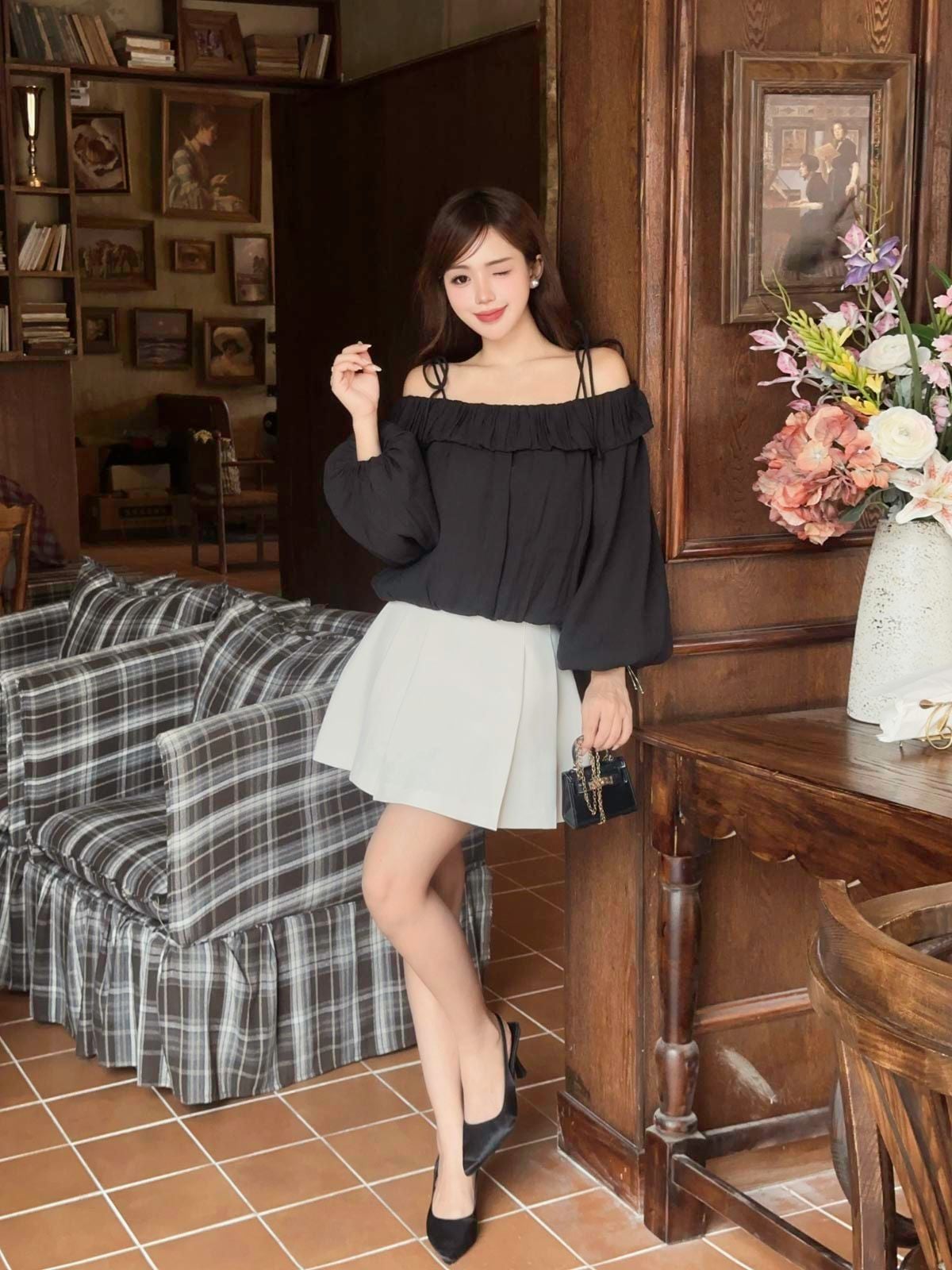 FJN3773 - Chân váy ngắn vải thô dày dáng chữ A thân váy phối ly tạo kiểu khoá thân sau - JAN.