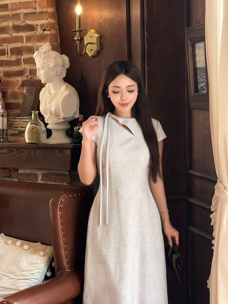 FDC15541 - Đầm công sở vải thô dáng chữ A cổ kiểu phối dây thắt tay chờm khoá thân sau - JAN.