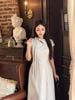 FDC15541 - Đầm công sở vải thô dáng chữ A cổ kiểu phối dây thắt tay chờm khoá thân sau - JAN.