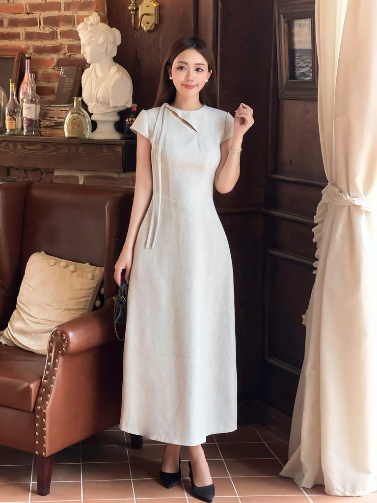FDC15541 - Đầm công sở vải thô dáng chữ A cổ kiểu phối dây thắt tay chờm khoá thân sau - JAN.