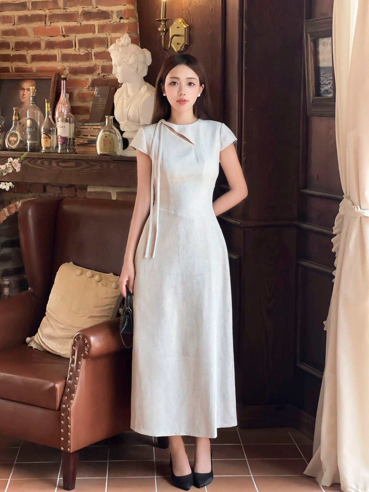 FDC15541 - Đầm công sở vải thô dáng chữ A cổ kiểu phối dây thắt tay chờm khoá thân sau - JAN.