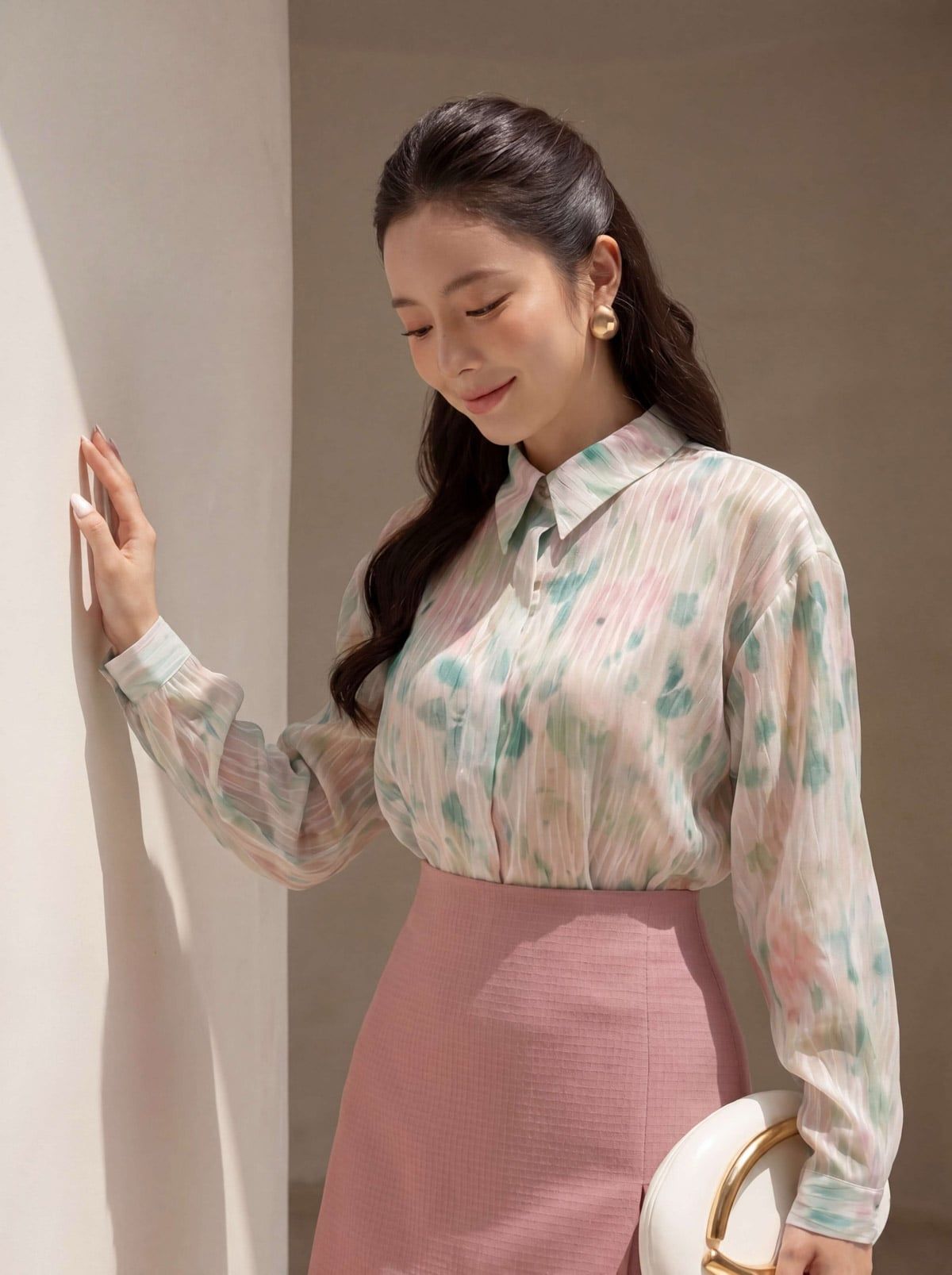 FAS33976 - tylekeo8888 công sở vải chiffon hoa dáng suông cổ đức tay dài cài khuy thân trước - tỷ lệ kèo 8899