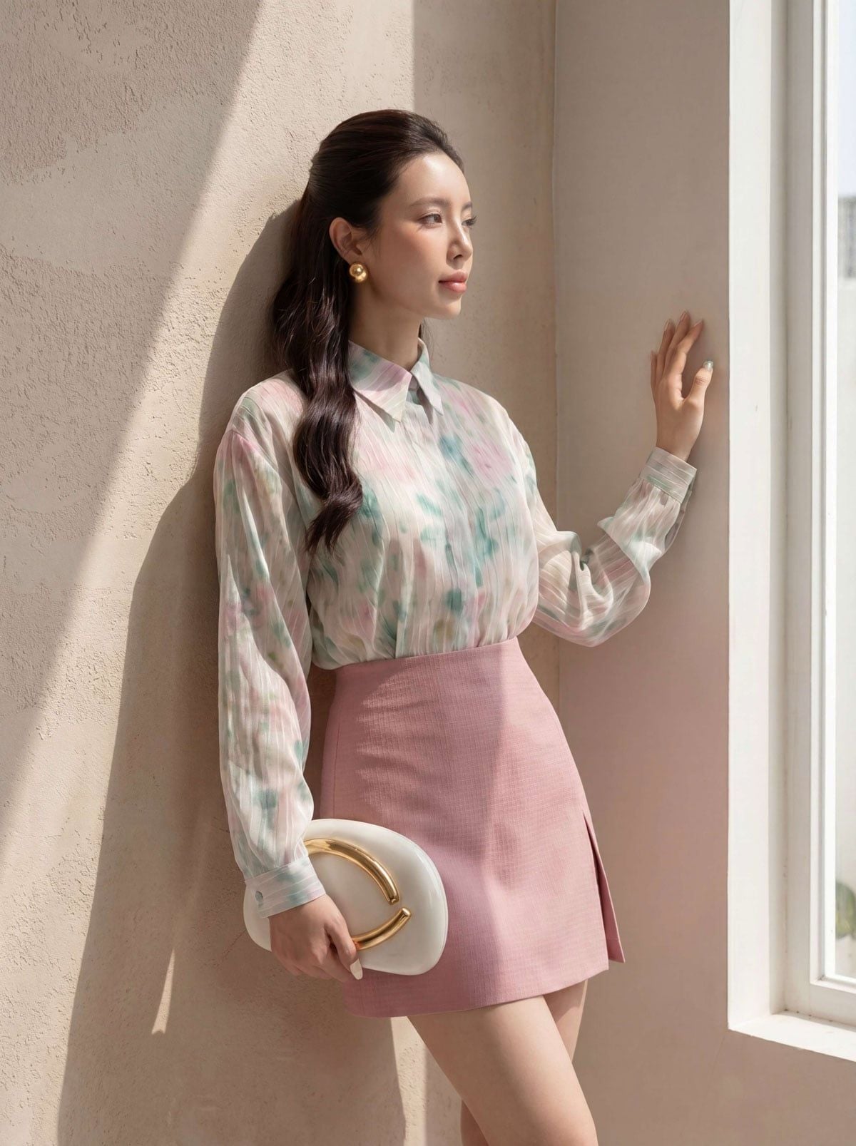 FAS33976 - tylekeo8888 công sở vải chiffon hoa dáng suông cổ đức tay dài cài khuy thân trước - tỷ lệ kèo 8899