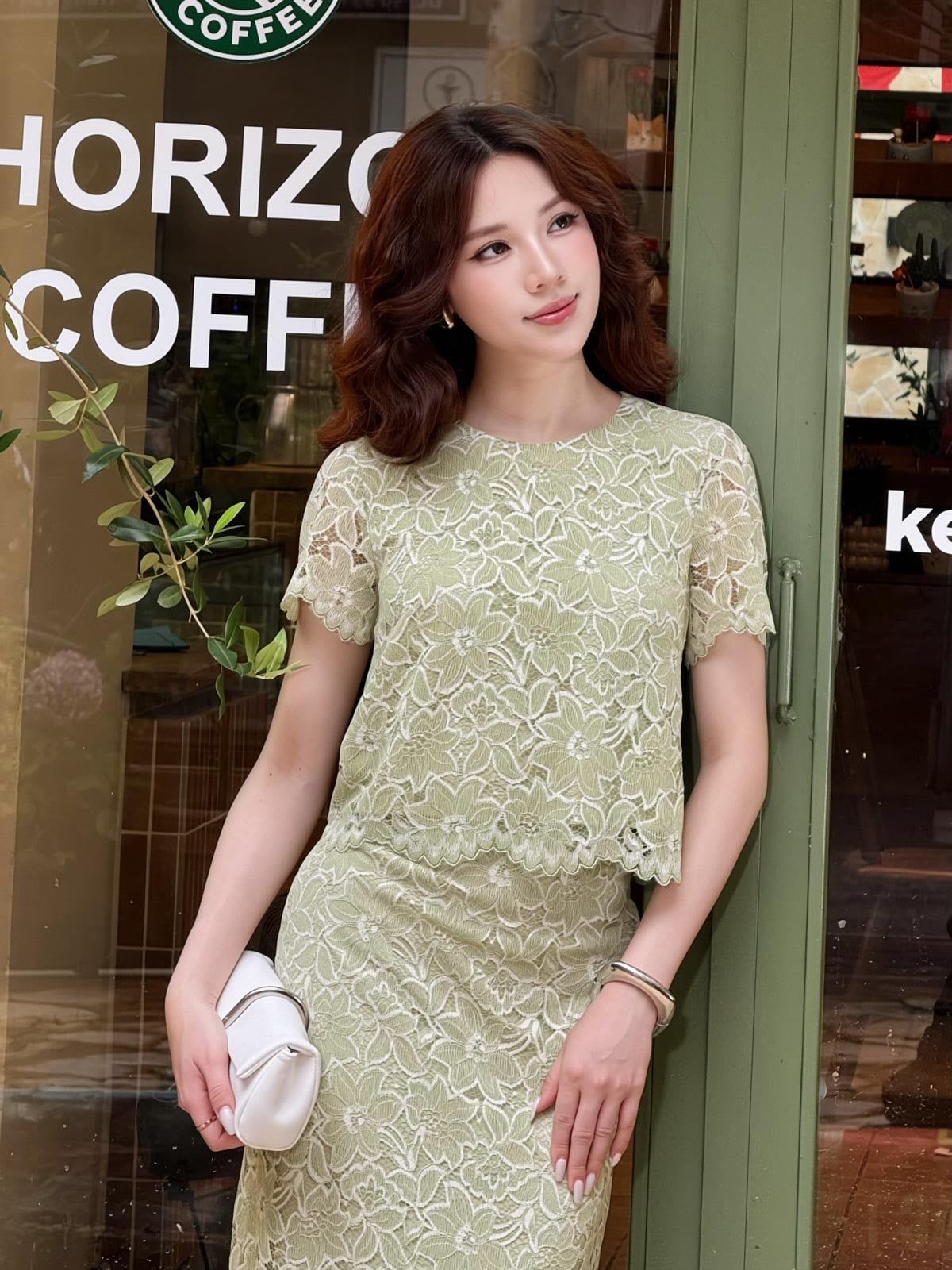 BAS33410 - tylekeo8888 vải ren mảng hai lớp dáng lửng cổ tròn tay ngắn thời trang - tỷ lệ kèo 8899