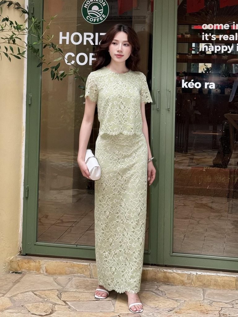 BAS33410 - tylekeo8888 vải ren mảng hai lớp dáng lửng cổ tròn tay ngắn thời trang - tỷ lệ kèo 8899