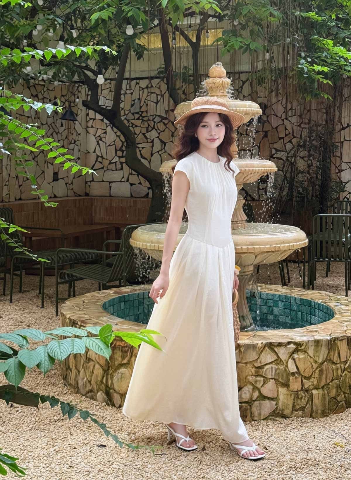 FDP33408 - tylekeo88 tv vải thô đũi dáng xoè cổ tròn xếp nhún vai chờm thân váy xếp ly bung tạo kiểu khoá thân sau - tỷ lệ kèo 8899