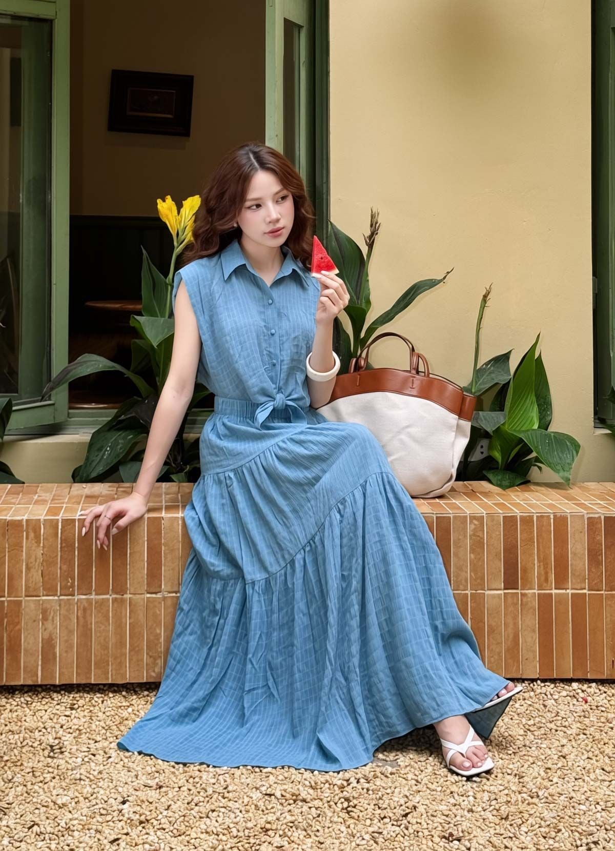 FDC35275 - tỷ lệ kèo 8899 vải chiffon xốp cổ đức vai chờm eo phối vạt thắt nơ tạo kiểu thân váy xếp tầng cài khuy trước - tỷ lệ kèo 8899