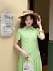 FDC34192 - tỷ lệ kèo 8899 vải chiffon xốp dáng suông cổ đức tay ngắn thân váy xếp nhún tạo xoè cài khuy thân trước - tỷ lệ kèo 8899