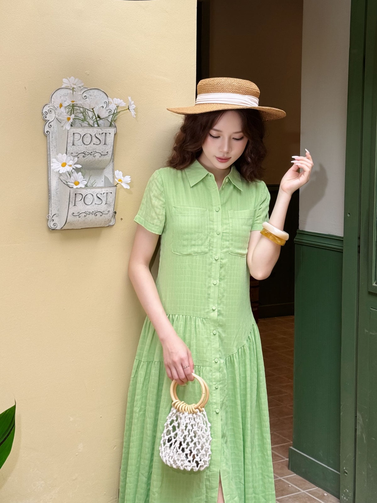 FDC34192 - tỷ lệ kèo 8899 vải chiffon xốp dáng suông cổ đức tay ngắn thân váy xếp nhún tạo xoè cài khuy thân trước - tỷ lệ kèo 8899