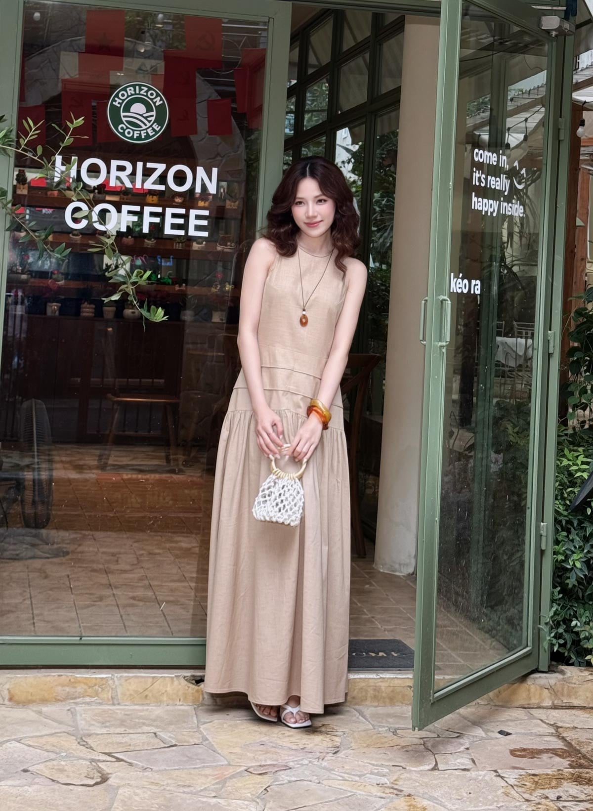 FDP33542 - tylekeo88 tv vải linen dáng A xòe cổ tròn không tay thân váy xếp nhún tạo xoè khoá thân sau - tỷ lệ kèo 8899
