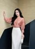 FAS54101 - Áo sơ mi công sở vải tơ đính hoa 3D tạo kiểu cổ tròn tay dài phối măng sec thời trang - PANTIO