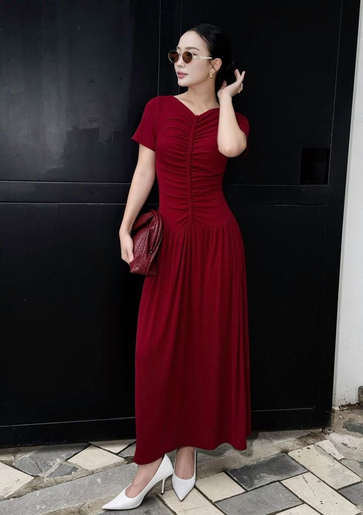FDD3180 - Đầm dệt kim vải len co giãn dáng ôm cổ xẻ V tay ngắn ngực phối nhún tạo kiểu - PANTIO