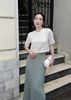 BAS13381 - Áo sơ mi kiểu công sở vải ren hoa dáng croptop cổ tròn tay ngắn thân áo đính nơ tạo kiểu khoá bên hông - PANTIO