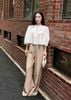 FAS34006 - Áo sơ mi công sở vải thô kate dáng croptop tay lửng ngực áo hoạ tiết thời trang - PANTIO