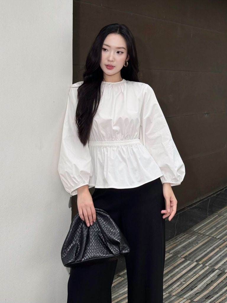 FAS54069 - Áo sơ mi dạo phố vải thô kate dáng peplum cổ tròn tay phồng dài eo phối chun ôm thời trang - PANTIO