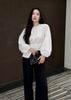 FAS54069 - Áo sơ mi dạo phố vải thô kate dáng peplum cổ tròn tay phồng dài eo phối chun ôm thời trang - PANTIO