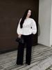 FAS54069 - Áo sơ mi dạo phố vải thô kate dáng peplum cổ tròn tay phồng dài eo phối chun ôm thời trang - PANTIO
