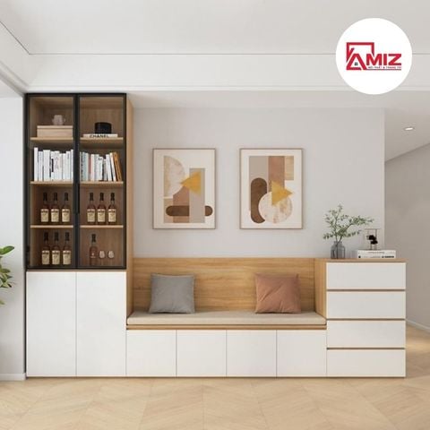TỦ  SÁCH TRANG TRÍ KẾT HỢP GHẾ NGỒI