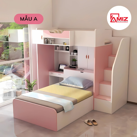 Giường tầng trẻ em thông minh kèm bàn học và tủ sách Amiz - GT006