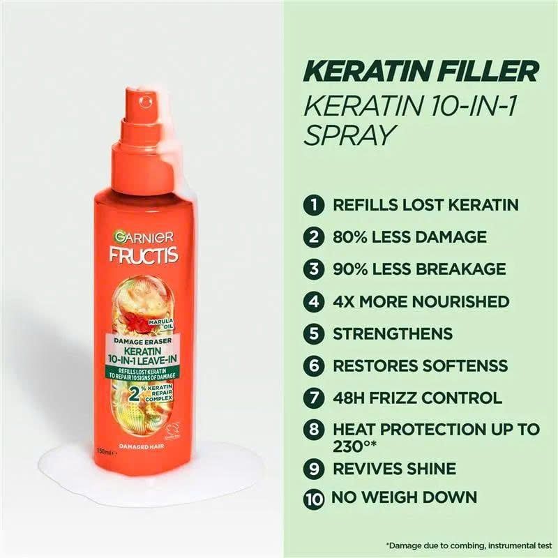Xịt Dưỡng Tóc Garnier Fructis Keratin 10-in-1 Treatment Spray Chai 150ml