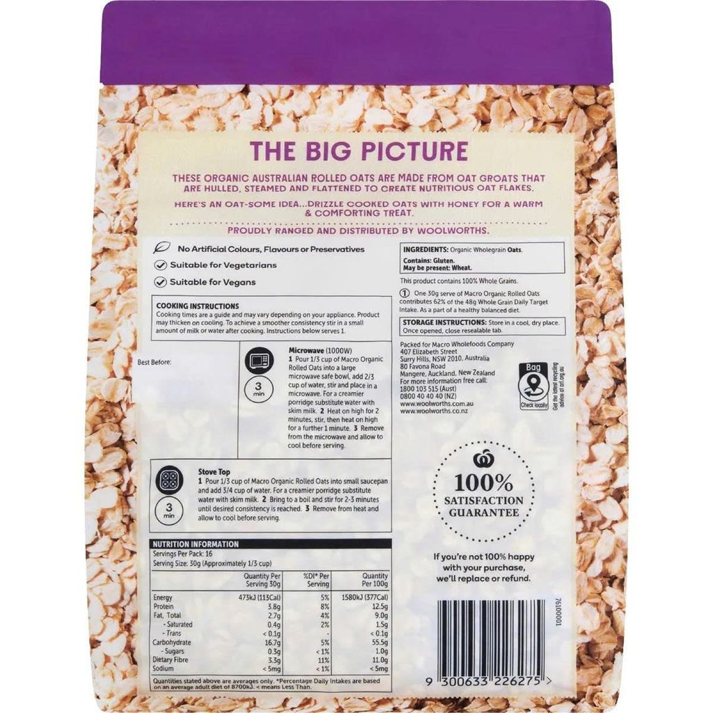 Yến mạch nguyên cám Organic Macro Úc - 500g