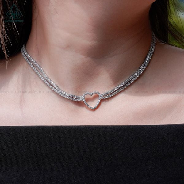  N695 Dây mặt liền FULL đá cz 2 viền đá trái tim 