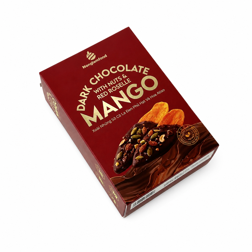 XOÀI NHÚNG SÔ CÔ LA ĐEN PHỦ HẠT VÀ HOA ATISO HỘP 120G | DARK CHOCOLATE DIPPED MANGO WITH NUTS & RED ROSELLE | TROPICAL FRUIT