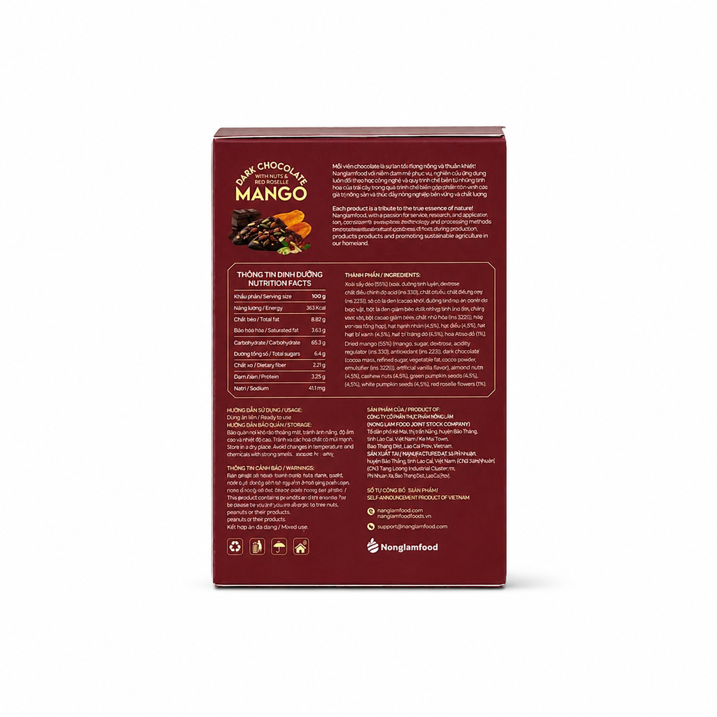 XOÀI NHÚNG SÔ CÔ LA ĐEN PHỦ HẠT VÀ HOA ATISO HỘP 120G | DARK CHOCOLATE DIPPED MANGO WITH NUTS & RED ROSELLE | TROPICAL FRUIT