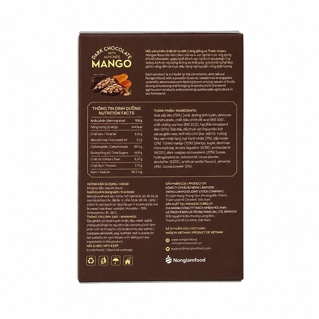 XOÀI NHÚNG SÔ CÔ LA ĐEN PHỦ HẠNH NHÂN HỘP 120G | DARK CHOCOLATE DIPPED MANGO WITH ALMONDS | TROPICAL FRUIT