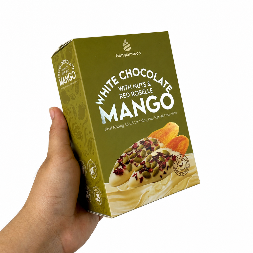 XOÀI NHÚNG SÔ CÔ LA TRẮNG PHỦ HẠT VÀ HOA ATISO HỘP 120G | WHITE CHOCOLATE DIPPED MANGO WITH NUTS & RED ROSELLE | TROPICAL FRUIT