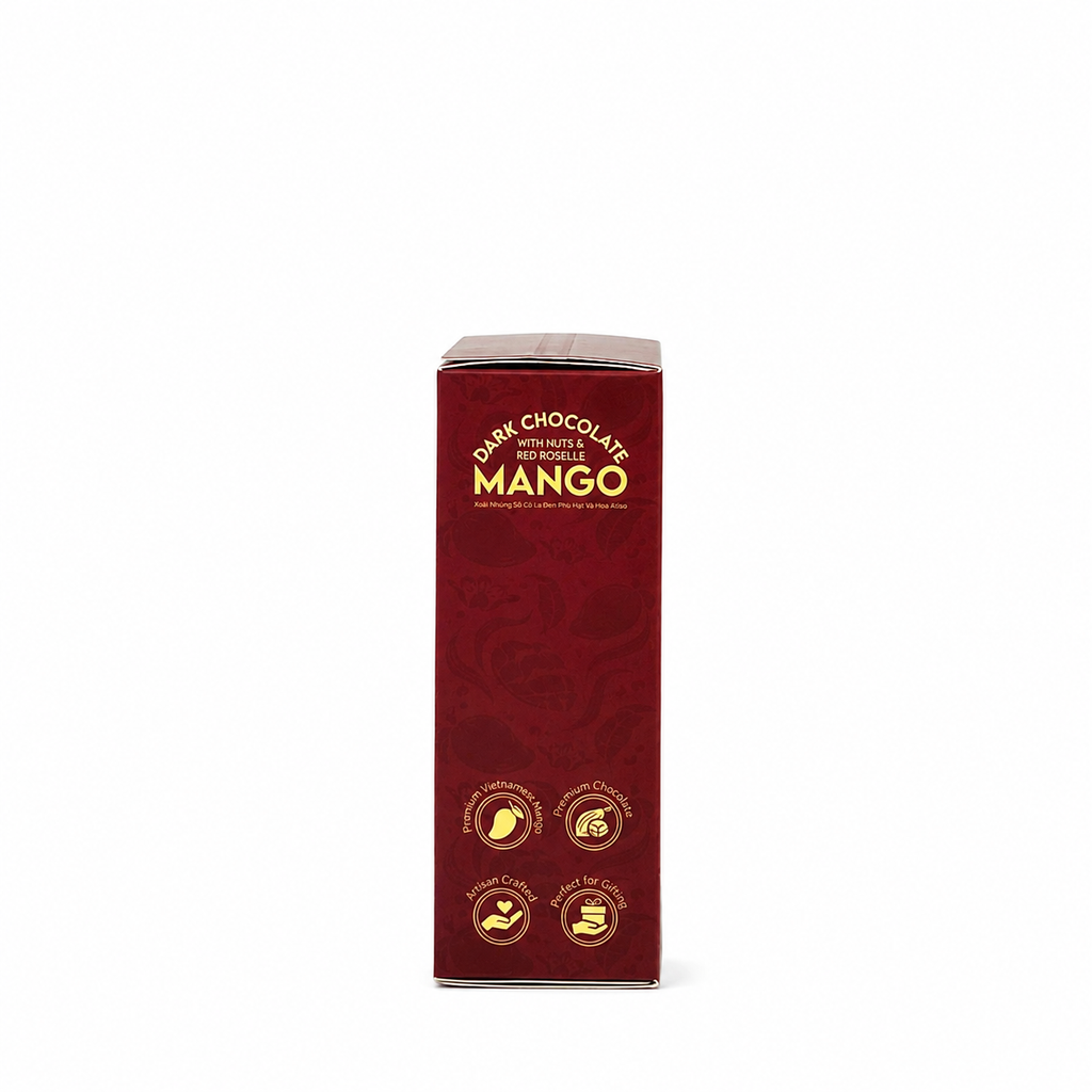 XOÀI NHÚNG SÔ CÔ LA ĐEN PHỦ HẠT VÀ HOA ATISO HỘP 120G | DARK CHOCOLATE DIPPED MANGO WITH NUTS & RED ROSELLE | TROPICAL FRUIT