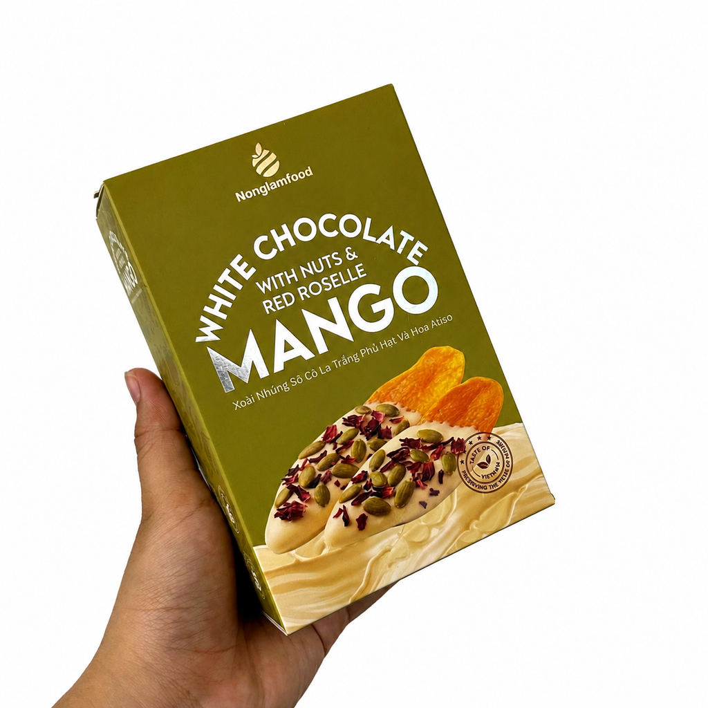 XOÀI NHÚNG SÔ CÔ LA TRẮNG PHỦ HẠT VÀ HOA ATISO HỘP 120G | WHITE CHOCOLATE DIPPED MANGO WITH NUTS & RED ROSELLE | TROPICAL FRUIT