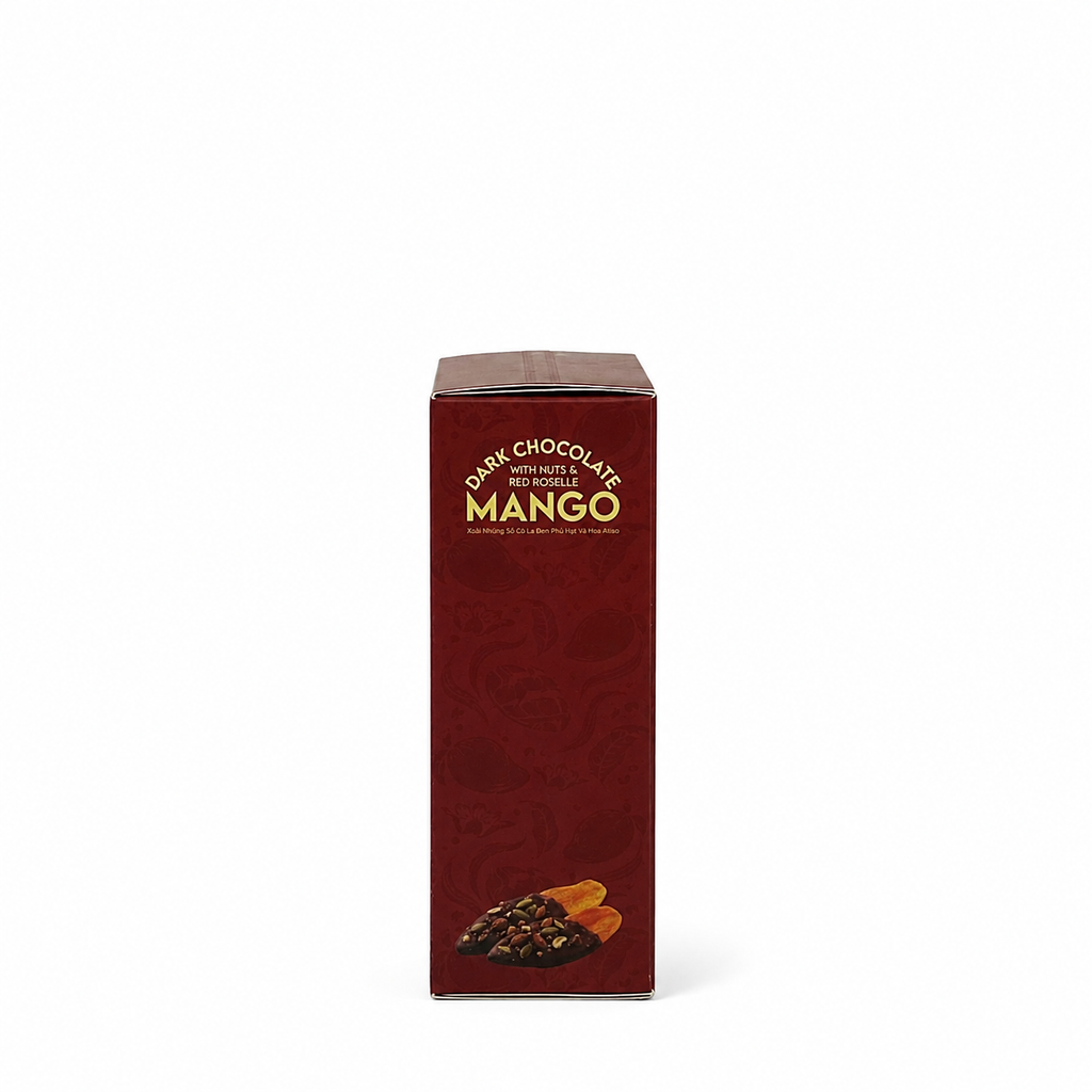 XOÀI NHÚNG SÔ CÔ LA ĐEN PHỦ HẠT VÀ HOA ATISO HỘP 120G | DARK CHOCOLATE DIPPED MANGO WITH NUTS & RED ROSELLE | TROPICAL FRUIT