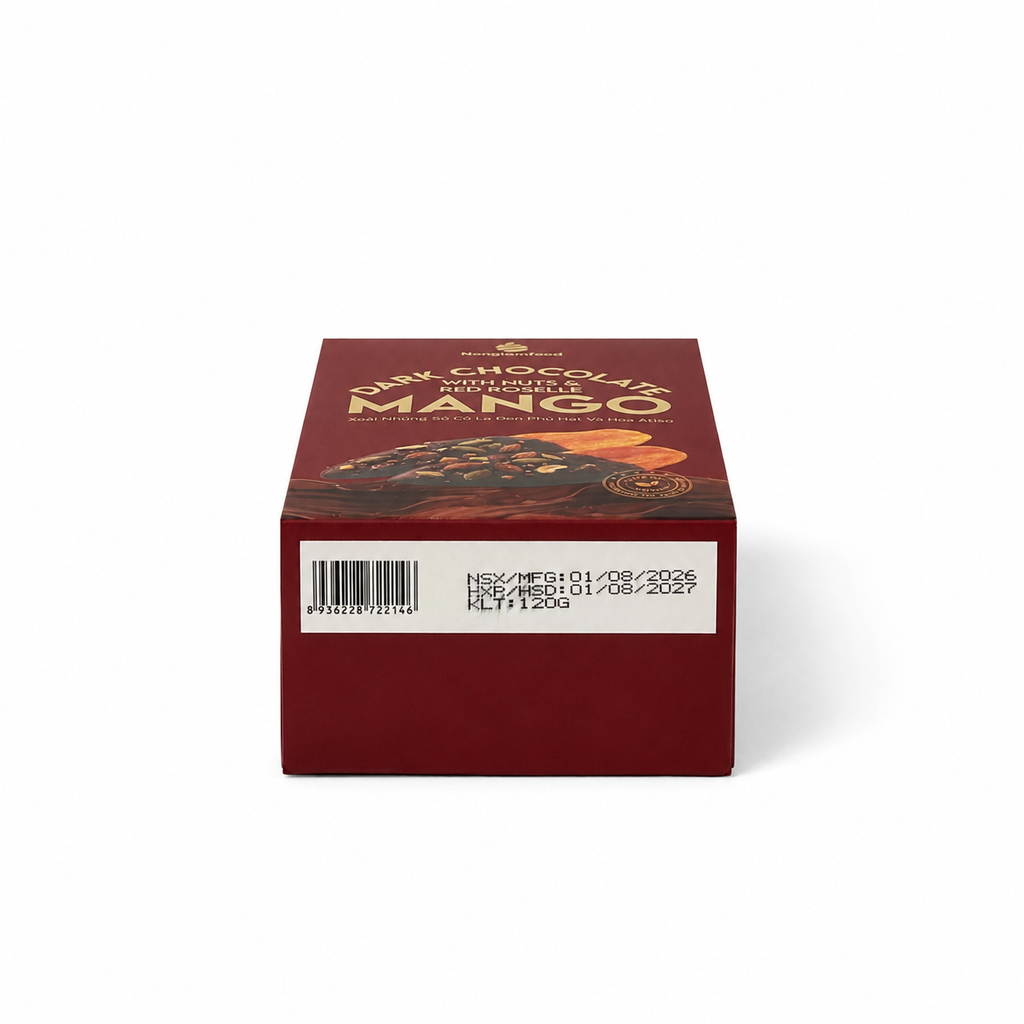 XOÀI NHÚNG SÔ CÔ LA ĐEN PHỦ HẠT VÀ HOA ATISO HỘP 120G | DARK CHOCOLATE DIPPED MANGO WITH NUTS & RED ROSELLE | TROPICAL FRUIT