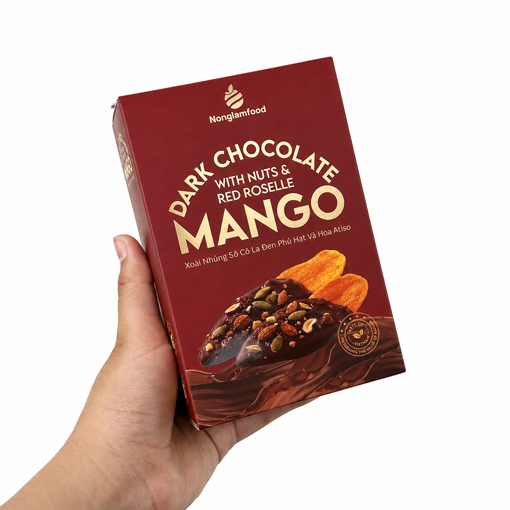 XOÀI NHÚNG SÔ CÔ LA ĐEN PHỦ HẠT VÀ HOA ATISO HỘP 120G | DARK CHOCOLATE DIPPED MANGO WITH NUTS & RED ROSELLE | TROPICAL FRUIT