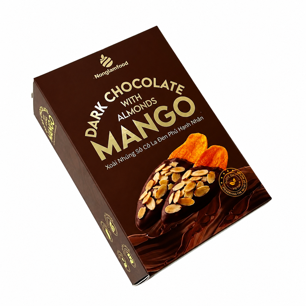 XOÀI NHÚNG SÔ CÔ LA ĐEN PHỦ HẠNH NHÂN HỘP 120G | DARK CHOCOLATE DIPPED MANGO WITH ALMONDS | TROPICAL FRUIT