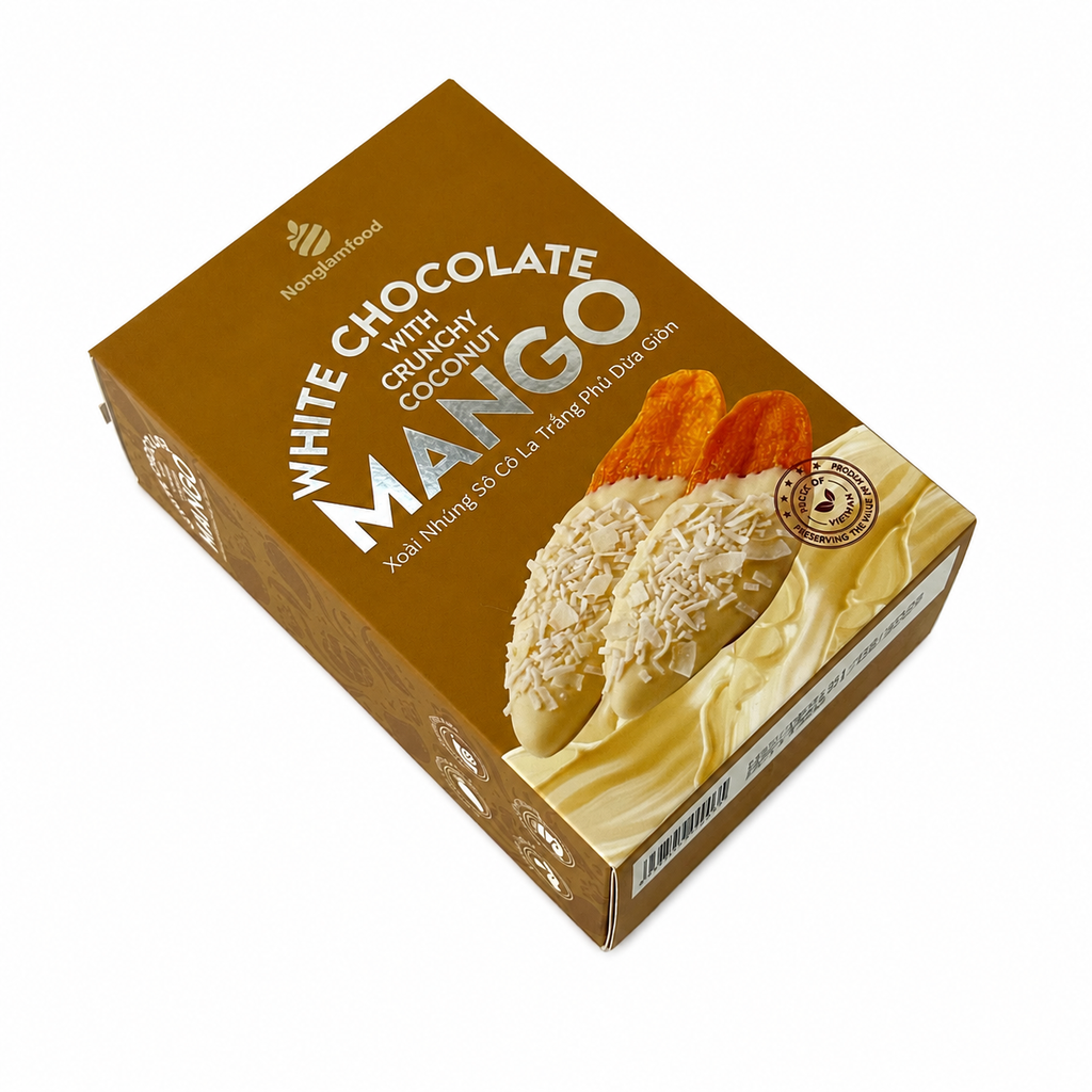 XOÀI NHÚNG SÔ CÔ LA TRẮNG PHỦ DỪA GIÒN HỘP 120G | WHITE CHOCOLATE DIPPED MANGO WITH CRUNCHY COCONUT | TROPICAL FRUIT