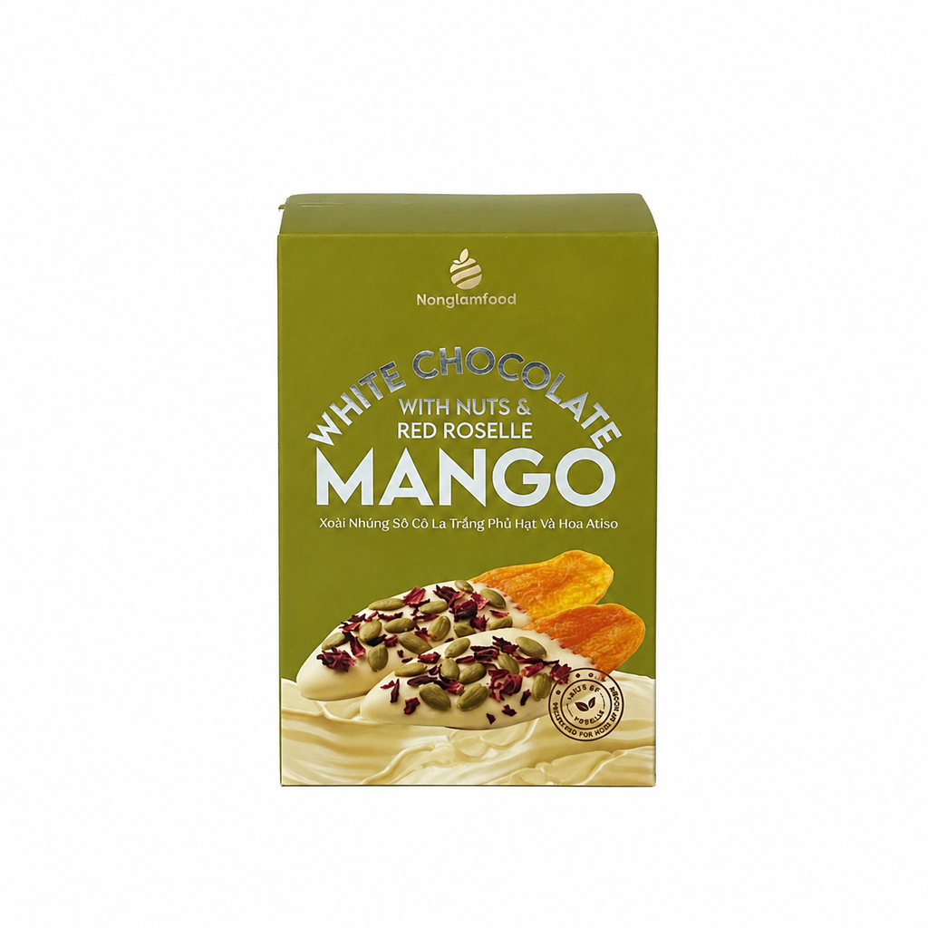 XOÀI NHÚNG SÔ CÔ LA TRẮNG PHỦ HẠT VÀ HOA ATISO HỘP 120G | WHITE CHOCOLATE DIPPED MANGO WITH NUTS & RED ROSELLE | TROPICAL FRUIT