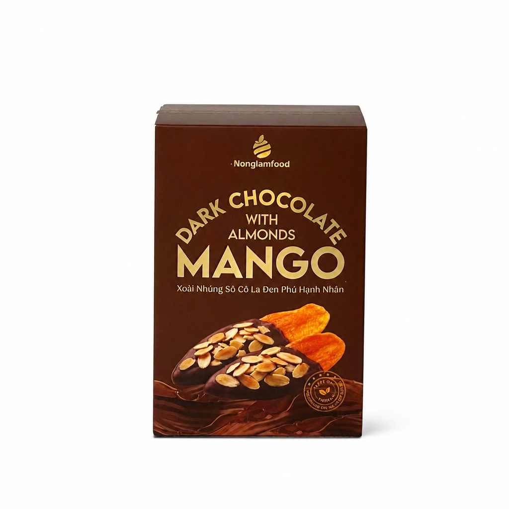 XOÀI NHÚNG SÔ CÔ LA ĐEN PHỦ HẠNH NHÂN HỘP 120G | DARK CHOCOLATE DIPPED MANGO WITH ALMONDS | TROPICAL FRUIT
