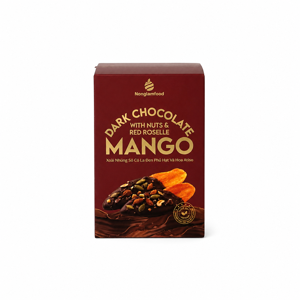 XOÀI NHÚNG SÔ CÔ LA ĐEN PHỦ HẠT VÀ HOA ATISO HỘP 120G | DARK CHOCOLATE DIPPED MANGO WITH NUTS & RED ROSELLE | TROPICAL FRUIT