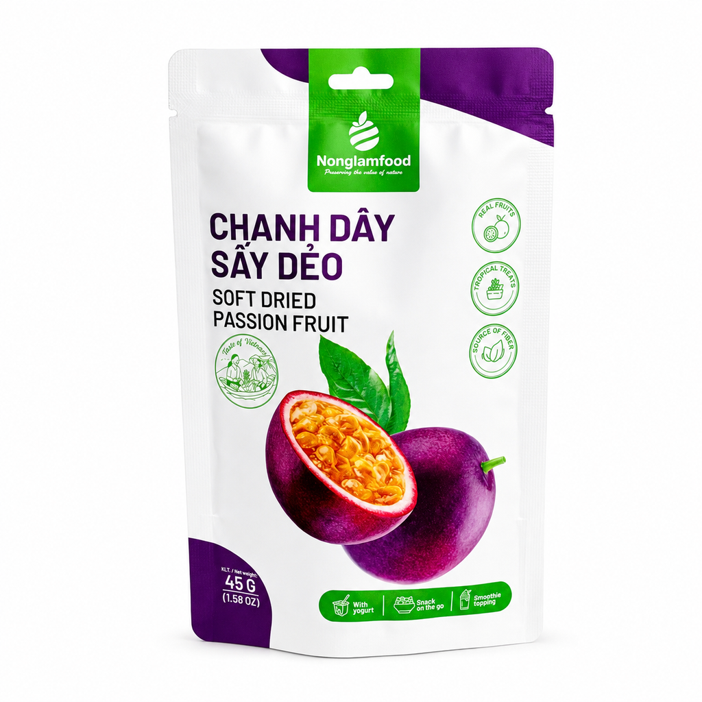 COMBO 8 TÚI TRÁI CÂY SẤY 4 VỊ NHIỆT ĐỚI 45G NONGLAMFOOD (DỪA SẤY GIÒN, VỎ BƯỞI CHANH DÂY, CHANH DÂY, MÍT SẤY DẺO) | NONGLAMFOOD TROPICAL DRIED FRUIT COMBO 8 BAGS × 45G (COCONUT, PASSION FRUIT POMELO PEEL, PASSION FRUIT, JACKFRUIT)