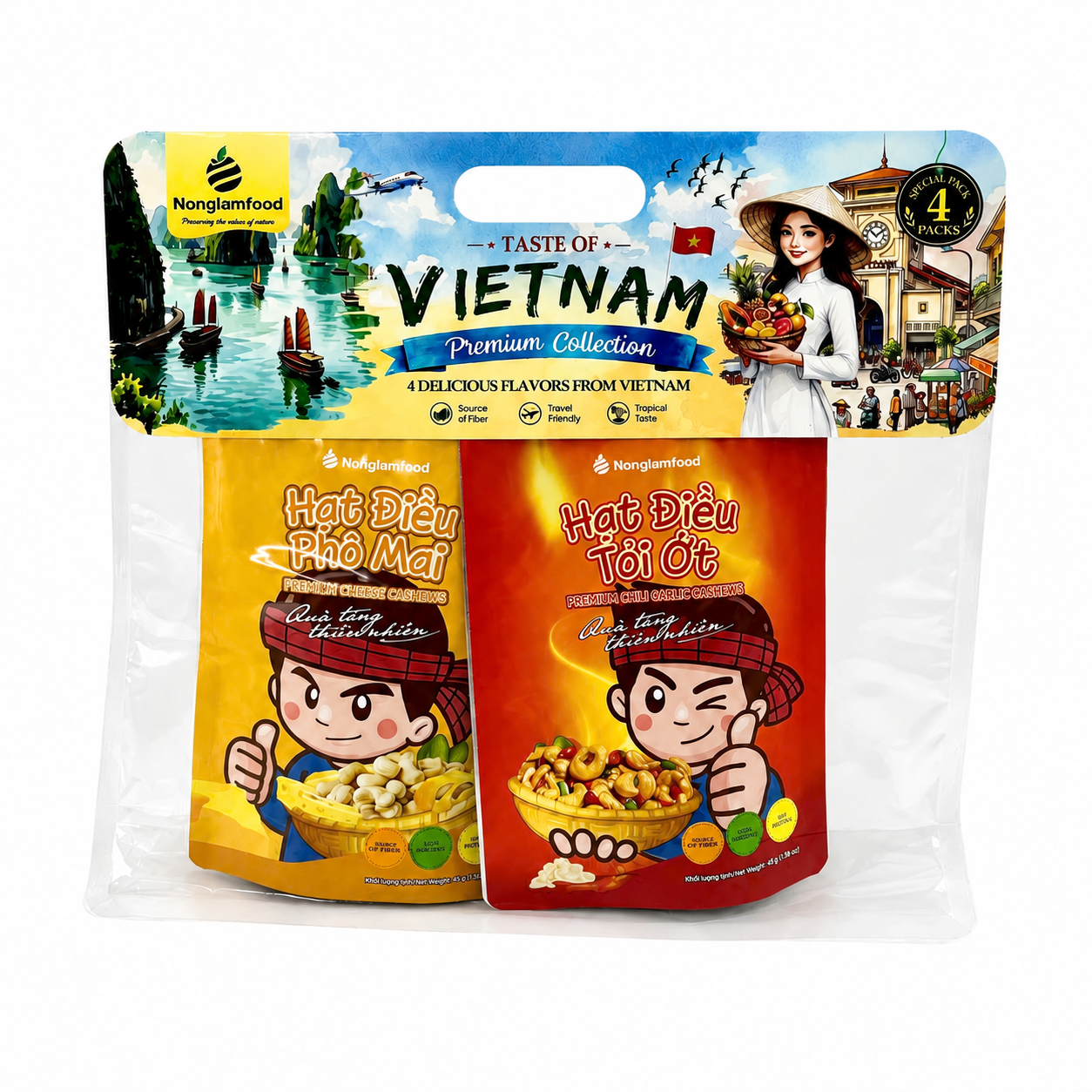 COMBO 4 TÚI HẠT ĐIỀU 4 VỊ 45G NONGLAMFOOD (PHÔ MAI, TỎI ỚT, WASABI, SẦU RIÊNG) | NONGLAMFOOD CASHEW COMBO – 4 BAGS, 4 FLAVORS, 45G (CHEESE, GARLIC CHILI, WASABI, DURIAN)