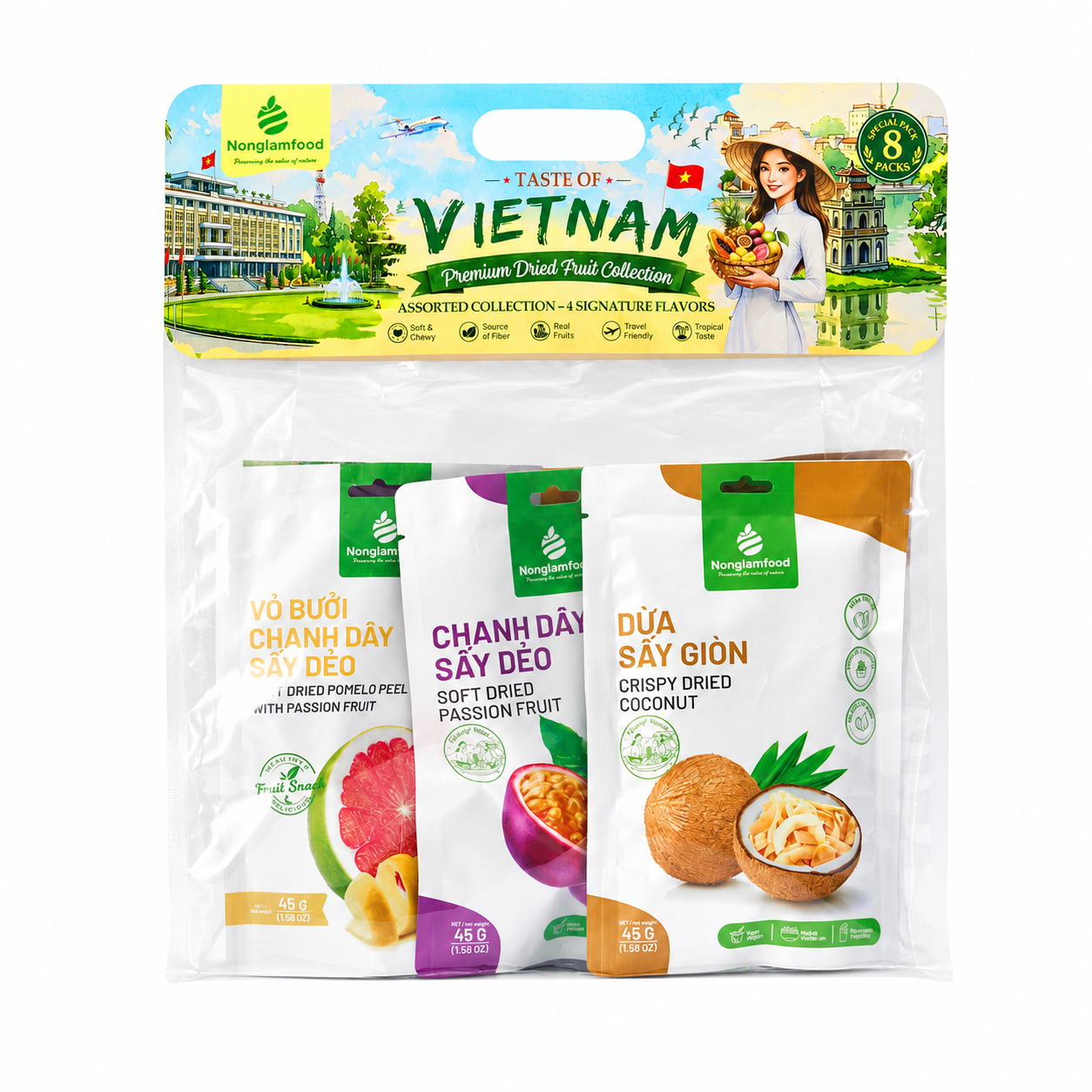 COMBO 8 TÚI TRÁI CÂY SẤY 4 VỊ NHIỆT ĐỚI 45G NONGLAMFOOD (DỪA SẤY GIÒN, VỎ BƯỞI CHANH DÂY, CHANH DÂY, MÍT SẤY DẺO) | NONGLAMFOOD TROPICAL DRIED FRUIT COMBO 8 BAGS × 45G (COCONUT, PASSION FRUIT POMELO PEEL, PASSION FRUIT, JACKFRUIT)