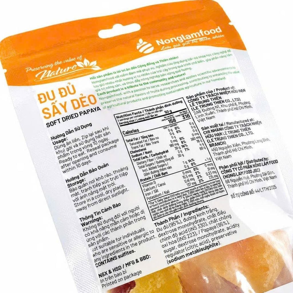 COMBO 8 TÚI ĐU ĐỦ SẤY DẺO 100G NONGLAMFOOD | NONGLAMFOOD SOFT DRIED PAPAYA COMBO – 8 BAGS × 100G